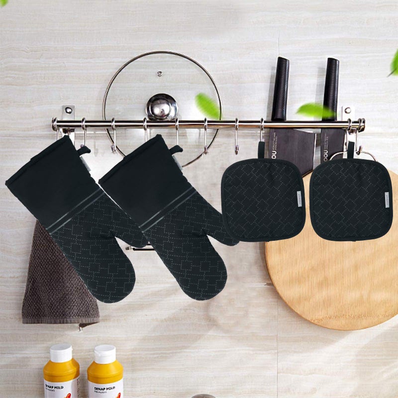 Tormays 4Pcs Oven Mitts and Pot Holders Set, 572F Heat Resistant Oven Glove, Soft Cotton Lining with Non-Slip Surface for Kitchen Baking BBQ (Black) - Image 5